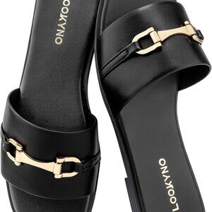 Womens Flat Sandals Leather Open Toe Summer Slides Slip On Dressy Comfortable